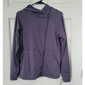 apana Slant Diagonal Full Zip Yoga Jacket Soft Size Small Gray Blue Hood New